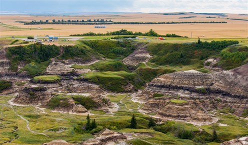 Drumheller is located in the "Badlands" of Alberta, where many dinosaur remains have been found by archaeologists. Photo courtesy Tourism Alberta.