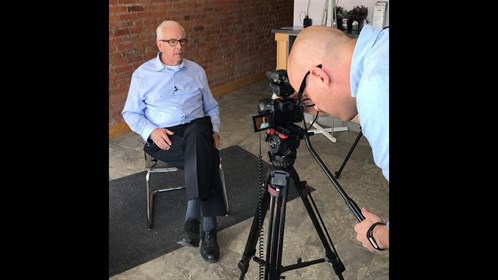 Lucas Warren from our communications, marketing and research team prepares to do an interview with Dr. Bert Rietsma, from the Crowsnest Pass.