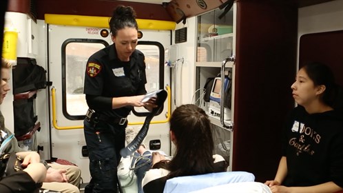 Students saw what it was like for a paramedic to treat someone while enduring the motion and bumps experienced in a moving ambulance.